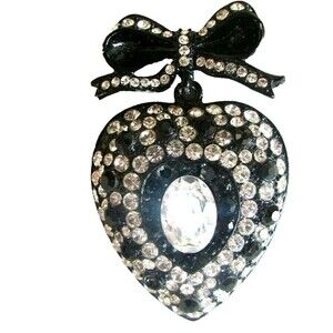 Women's Brooch/Pin Estate Black & Crystals Bow & Dangling Heart On Black Metal